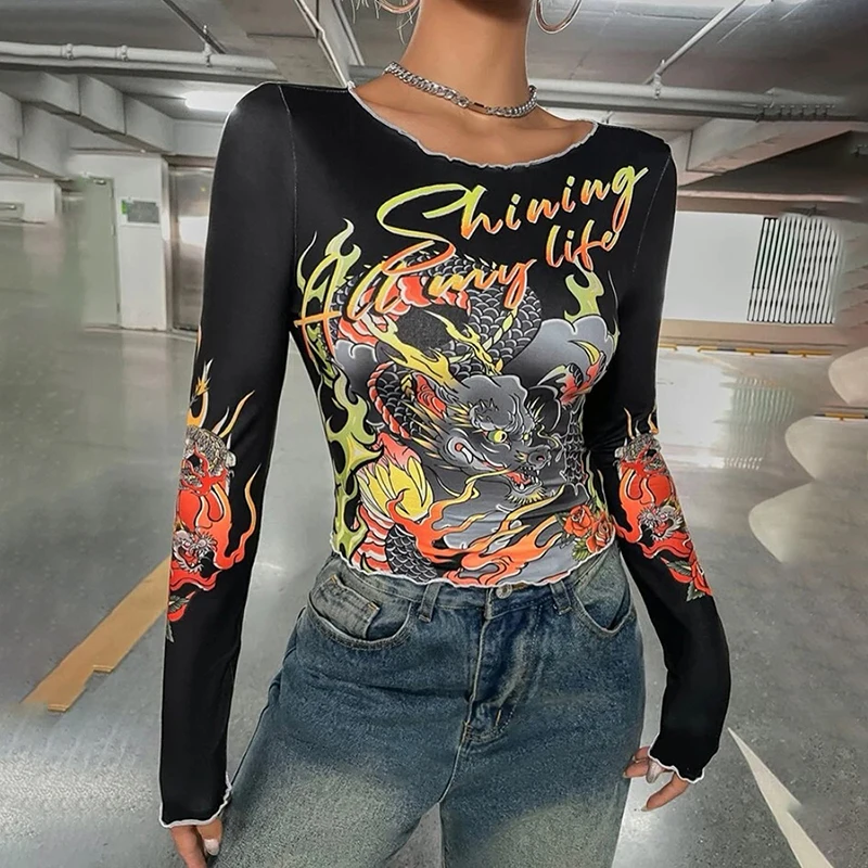 Fire Dragon Print T-Shirt: Gen Z Y2K K-POP Korean Streetwear Fashion