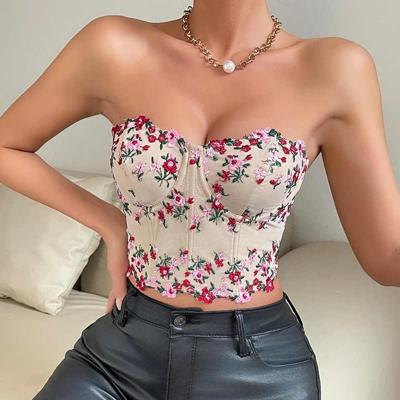 Floral Embroidery Lace Tube Top: K-POP Streetwear Fashion for Women