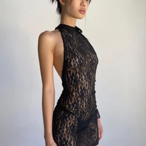 Floral Print Halter Lace-Up Sheer Bodycon Mini Dress | K-POP Korean Streetwear Fashion