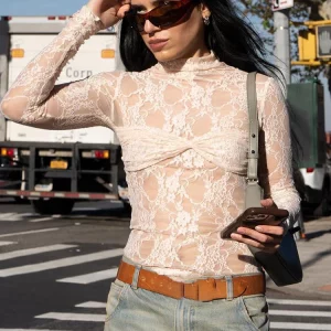 Floral Print Lace Turtleneck Ruched Crop Top | K-POP Streetwear Fashion