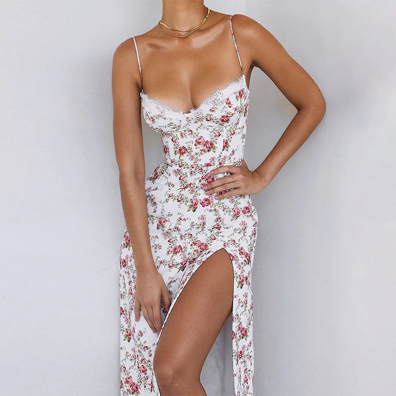 Floral Print Ruffles Sleeveless Backless Bodycon Midi Dress - Y2K Fashion