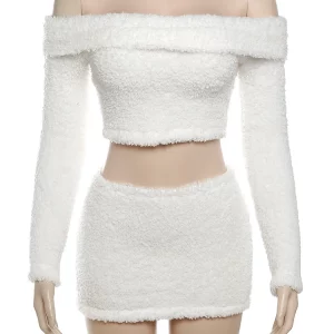 Furry Two-Piece Set: Elegant Crop Top & Mini Skirt for Women