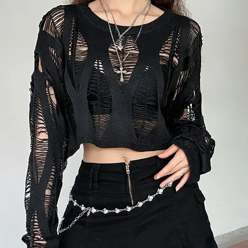 Gen Z Y2K Hollow Out Batwing Sleeve Knitted T-shirt for Women