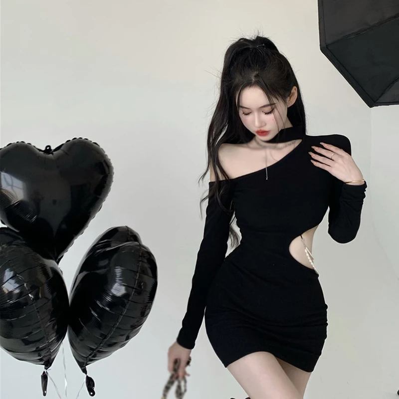 Gen Z Y2K K-POP Streetwear Bodycon Dress | Diagonal Neckline Long Sleeves Halter Sexy Fashion