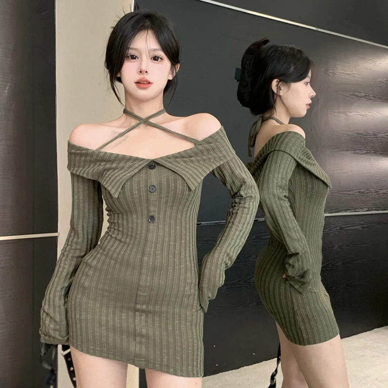 Gen Z Y2K K-POP Streetwear Bodycon Dress Off Shoulder Halterneck