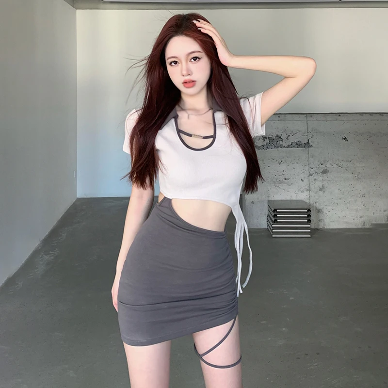 Gen Z & Y2K K-POP Streetwear Dress: Slim Fit, Retro Collar, Color-Block Hollow Design, Short Sleeves