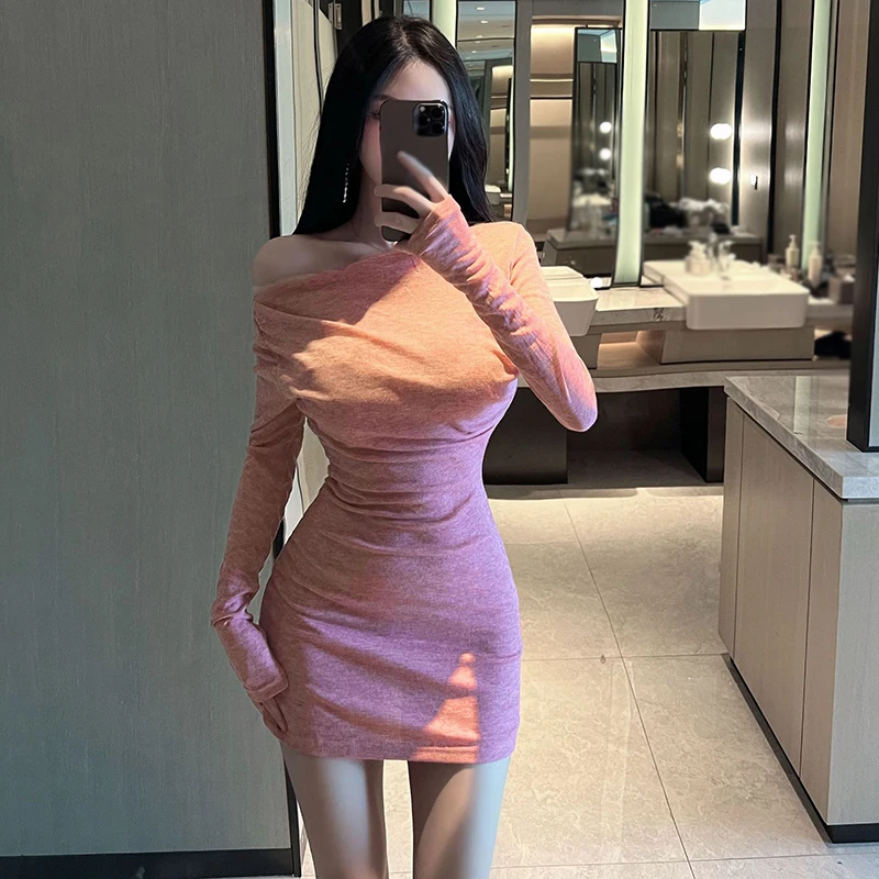 Gen Z Y2K K-POP Streetwear Dress | Women's Off-Shoulder Solid Color Fashion