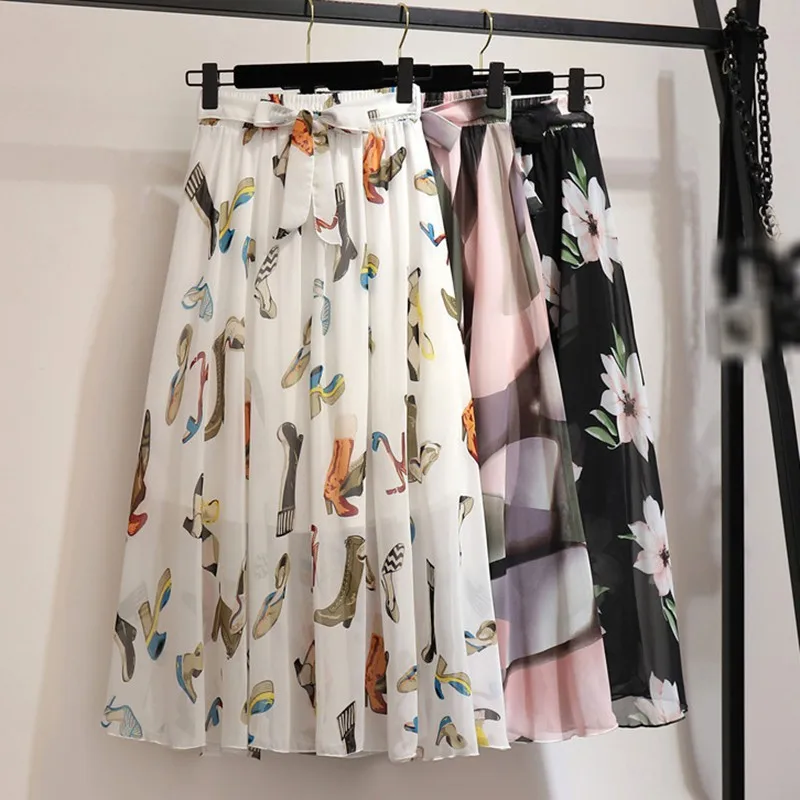 Gen Z & Y2K K-POP Streetwear Floral Bow Chiffon High Waist Skirt