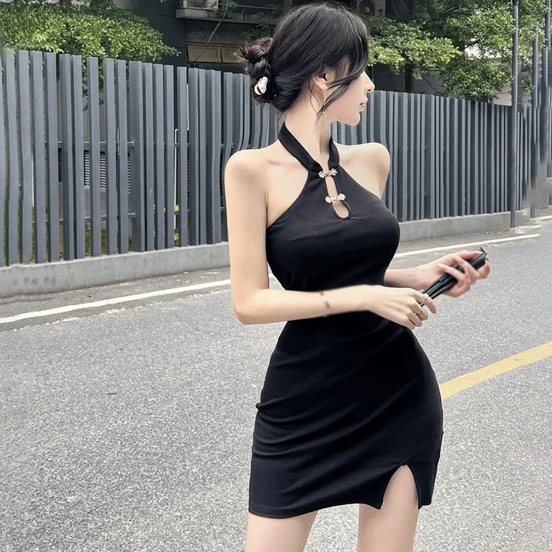 Gen Z & Y2K K-POP Streetwear Halter Dress | Retro Chinese Style Buckle Dress | Sleeveless Hip Wrap Tight-Fitting