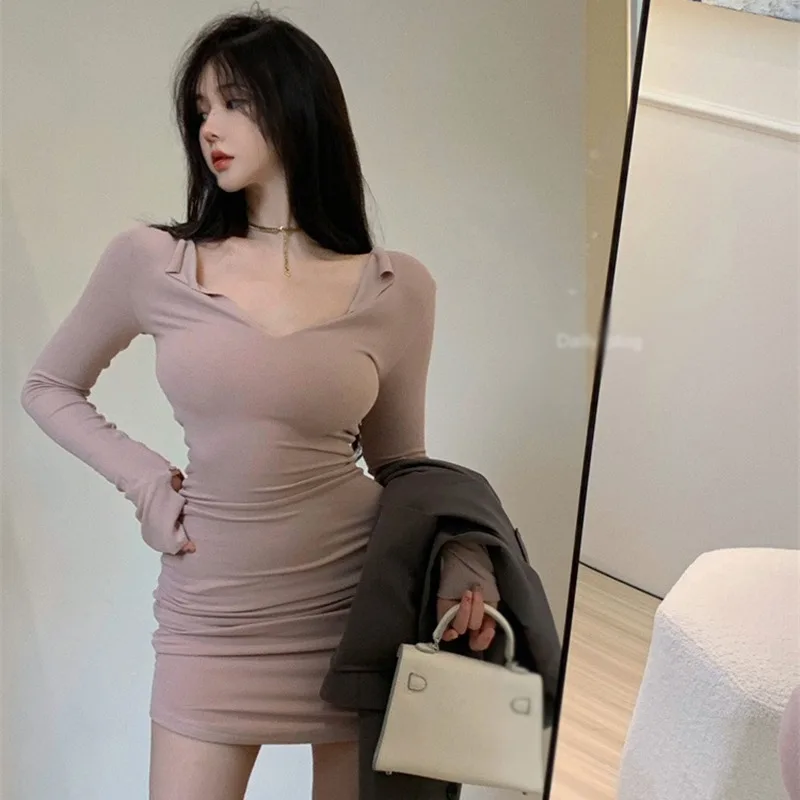 Gen Z Y2K K-POP Streetwear Korean Dress: Sexy Solid Color Hip Bag Mini Dress