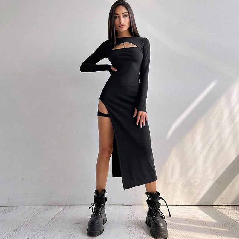 Gen Z Y2K K-POP Streetwear Midi Dress with Sexy Chest Cutout