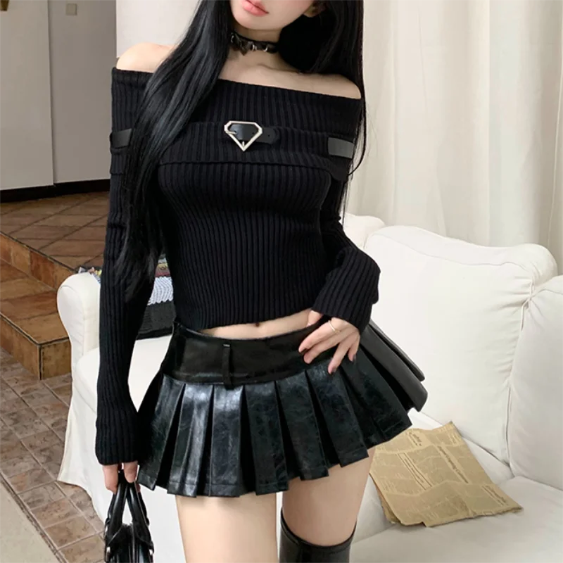 Gen Z Y2K K-POP Streetwear Off-Shoulder Knit Sweater for Women