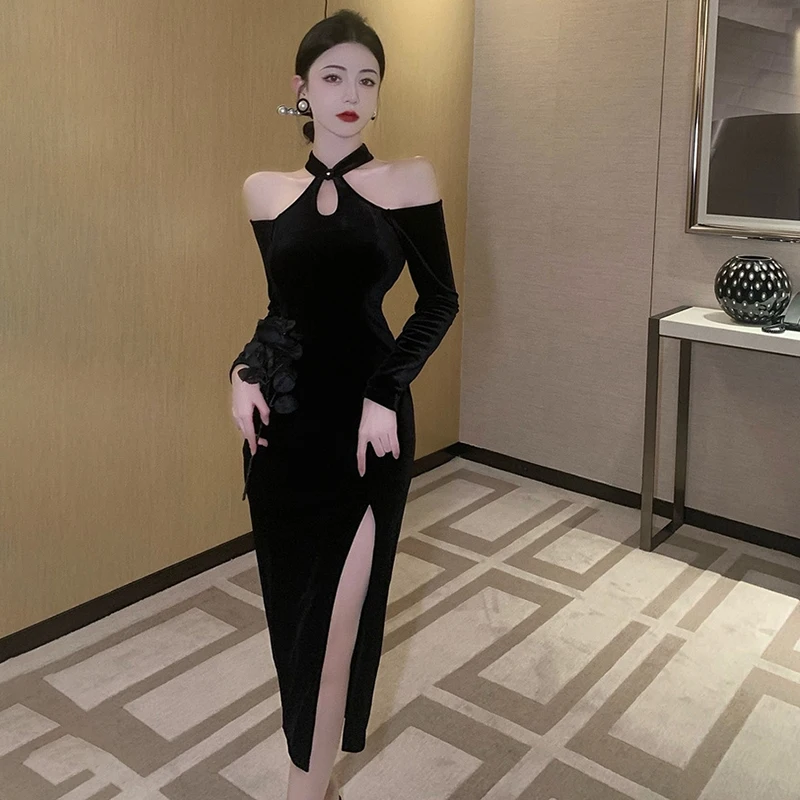 Gen Z Y2K K-POP Streetwear Off Shoulder Split Cheongsam Dress