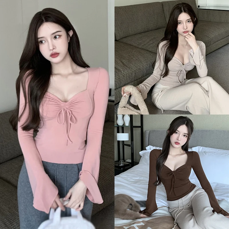 Gen Z & Y2K K-POP Streetwear Solid Square Neck Long Sleeve T-shirt