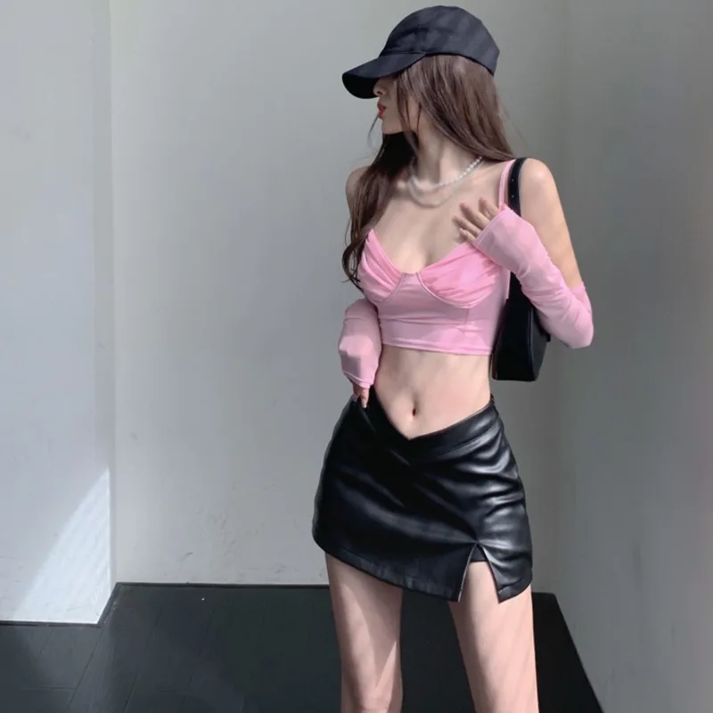 Gen Z Y2K K-POP Streetwear Split PU Short Skirt High Waist