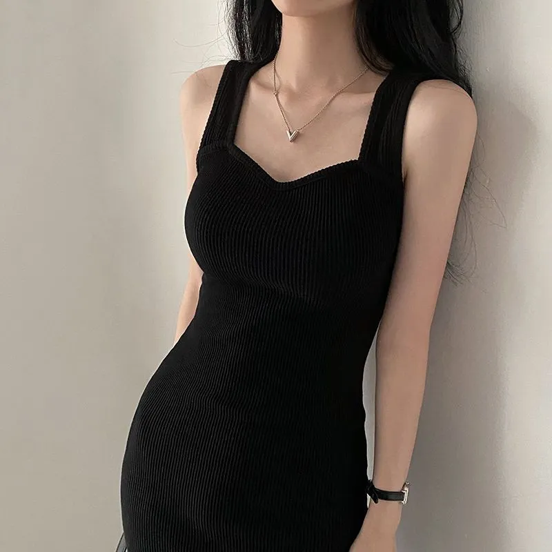 Gen Z Y2K K-POP Streetwear Square Neck Long Dress for Women - Sleeveless Split Vestidos