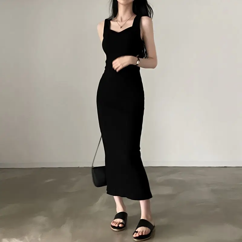 Gen Z Y2K K-POP Streetwear Square Neck Long Dress for Women - Sleeveless Split Vestidos