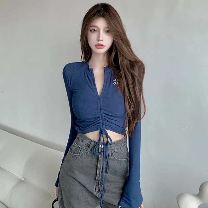 Gen Z Y2K K-POP Streetwear Women's Long Sleeve Crop Top with Drawstring