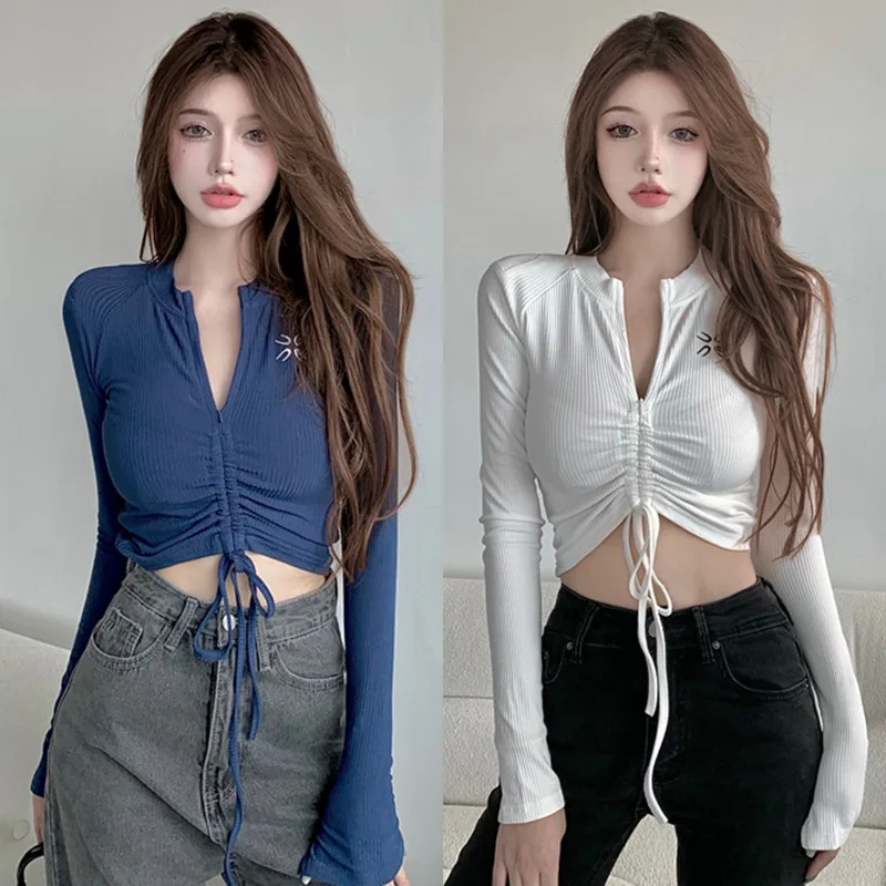 Gen Z Y2K K-POP Streetwear Women's Long Sleeve Crop Top with Drawstring