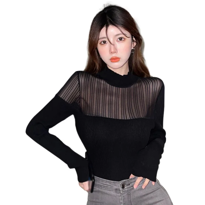 Gen Z Y2K K-POP Style Half Turtleneck Knit Top with Gauze Detail