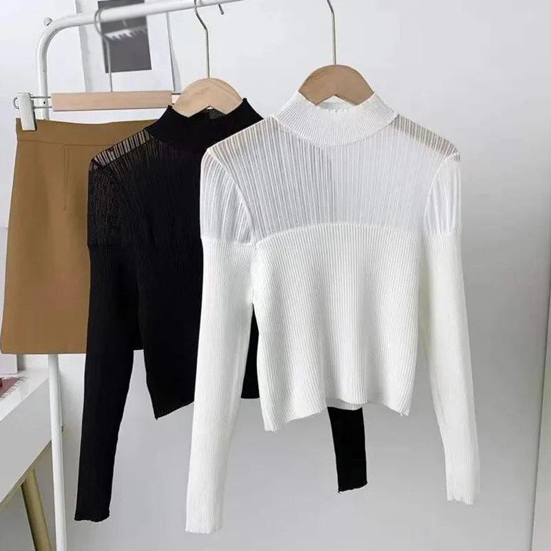 Gen Z Y2K K-POP Style Half Turtleneck Knit Top with Gauze Detail