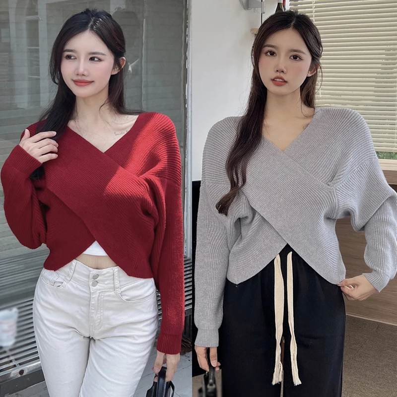 Gen Z & Y2K K-POP Style Knitted V-Neck Sweater for Women