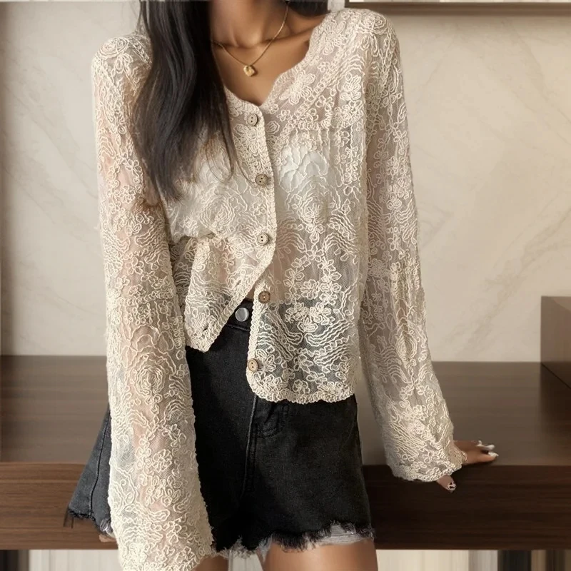 Gen Z Y2K K-POP Style Lace Hollow Transparent Cardigan Top