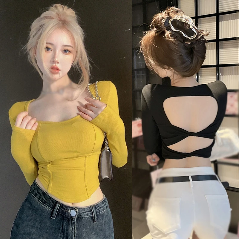 Gen Z & Y2K K-POP Style Square Neck Twist Knot T-shirt for Women