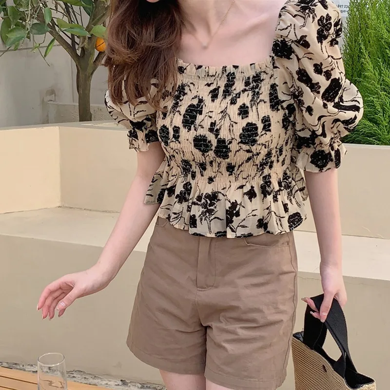 Gen Z & Y2K K-POP Style Women's Puff Sleeve Square Neck Blouse