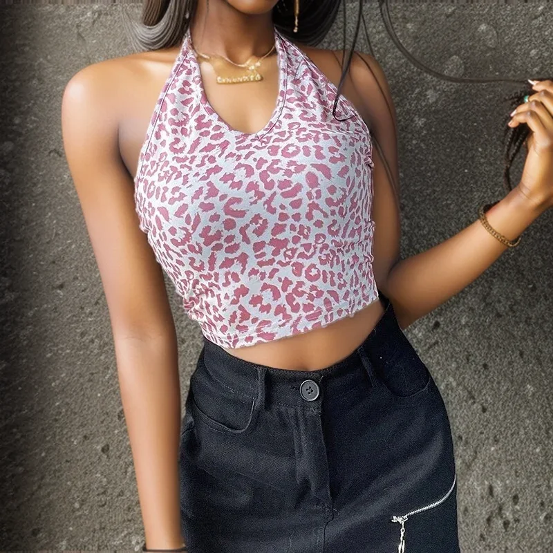 Gen Z & Y2K Pink Leopard Halter Crop Top | K-POP Korean Streetwear