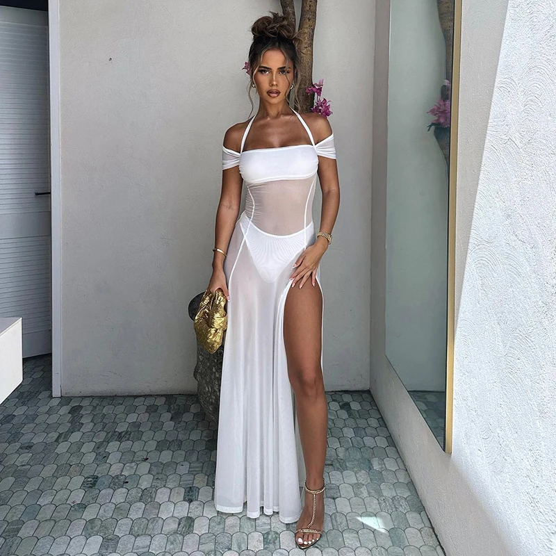 Gen Z & Y2K Style Halter Neck Mesh High Slit Dress for Women