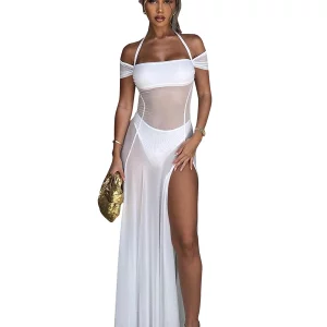 Gen Z & Y2K Style Halter Neck Mesh High Slit Dress for Women