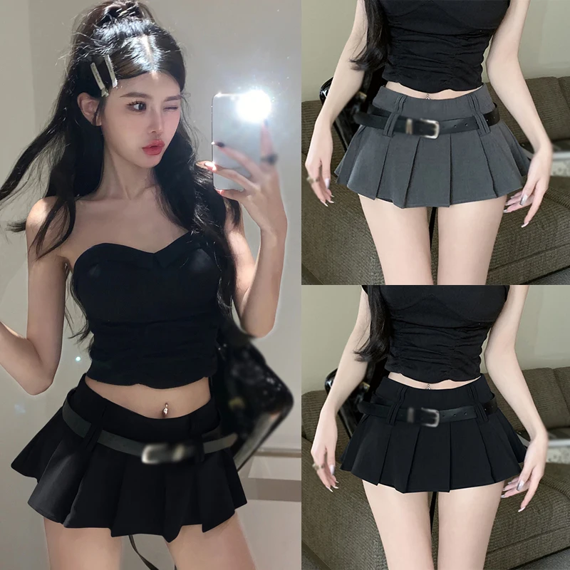 Gen Z & Y2K Style High Waist A-line Pleated Skirt with Belt