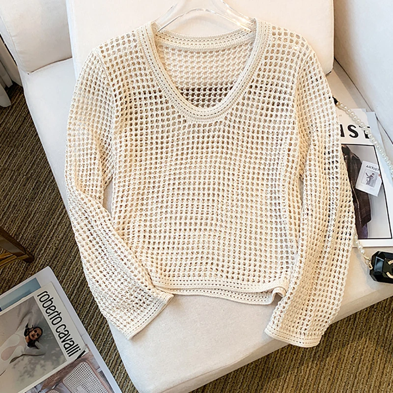 Gen Z & Y2K Style: Hollow Out Knit Long Sleeve Top for Women - K-POP & Korean Fashion, Streetwear - Casual