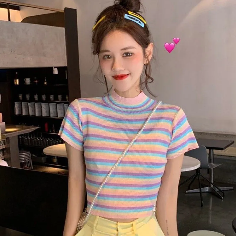 Gen Z & Y2K Style: K-POP Color Block Striped Crop Top for Women