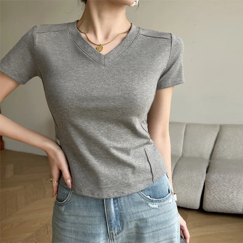 Gen Z & Y2K Style: K-POP Inspired V-Neck Knit Tee for Women - Solid Color Short Sleeve Ribbed Top