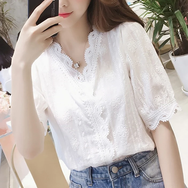 Gen Z & Y2K Style: K-POP Lace Hollow Out V-Neck T-Shirt for Women