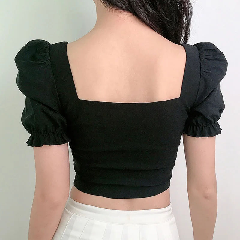 Gen Z & Y2K Style: K-POP Square Neck Crop Top with Puff Sleeves