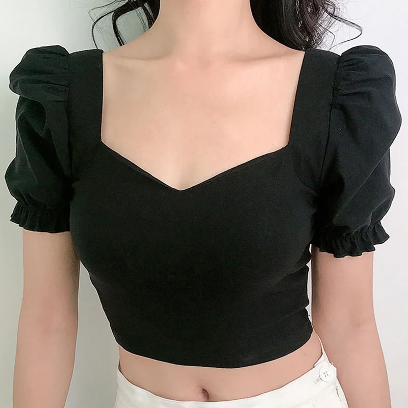 Gen Z & Y2K Style: K-POP Square Neck Crop Top with Puff Sleeves