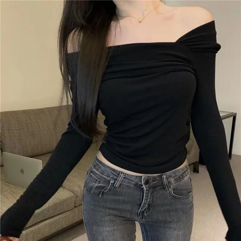 Gen Z & Y2K Style: Off Shoulder Long Sleeve Crop Top for Women - K-POP & Korean Fashion Streetwear