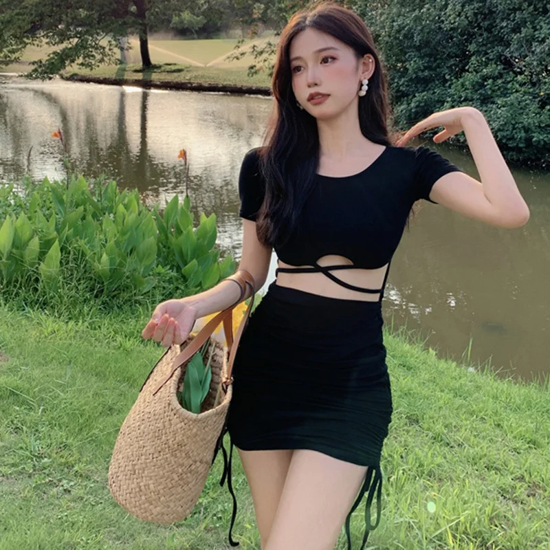 Gen Z & Y2K Style: Summer Women's Short Sleeve Dress with Hollow Out Strap Design - K-POP Fashion, Korean Streetwear