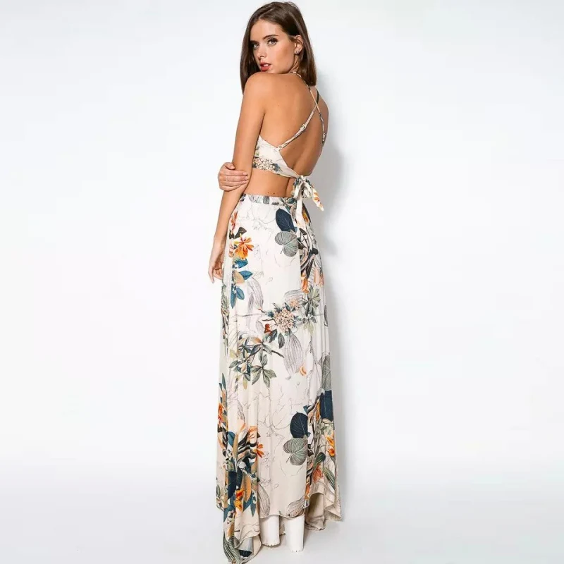 Gen Z & Y2K Style Women's Floral Halter Two-Piece Set for Summer Vacay