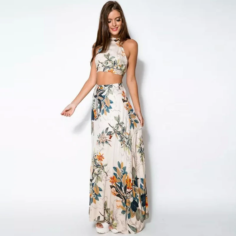 Gen Z & Y2K Style Women's Floral Halter Two-Piece Set for Summer Vacay