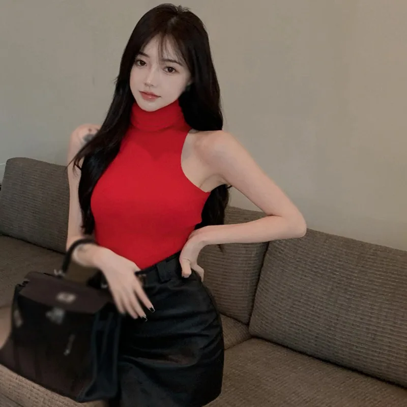 Gen Z & Y2K Style Women's High Neck Knitted Tank Top - K-POP & Korean Fashion Streetwear