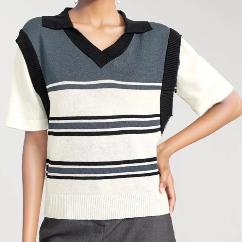 Gen Z & Y2K Style Women's Knit Polo Neck Top with Stripes - Casual Short Sleeve Tee for Spring & Summer