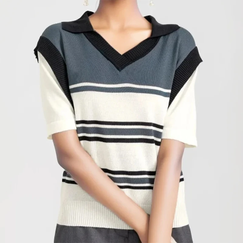 Gen Z & Y2K Style Women's Knit Polo Neck Top with Stripes - Casual Short Sleeve Tee for Spring & Summer