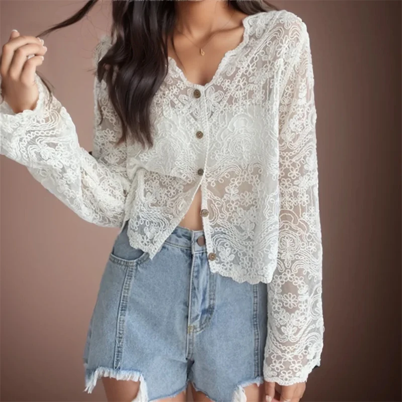 Gen Z & Y2K Style Women's Lace Hollow Button-Up Cardigan Top with Flare Sleeves - K-POP Fashion, Korean Street