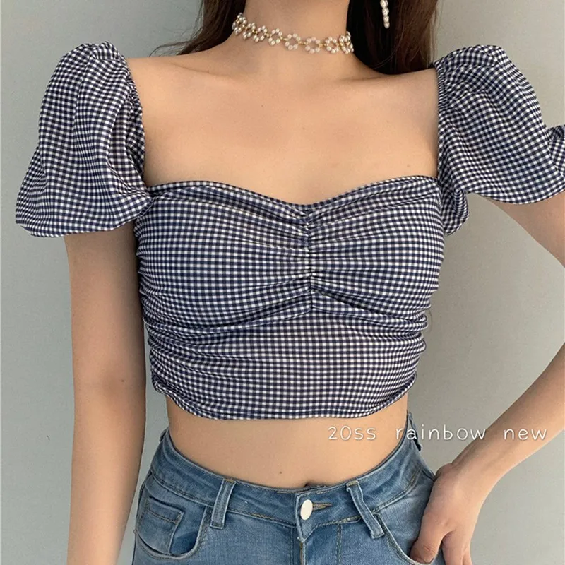 Gen Z & Y2K Style Women's Plaid Print Square Collar T-shirt