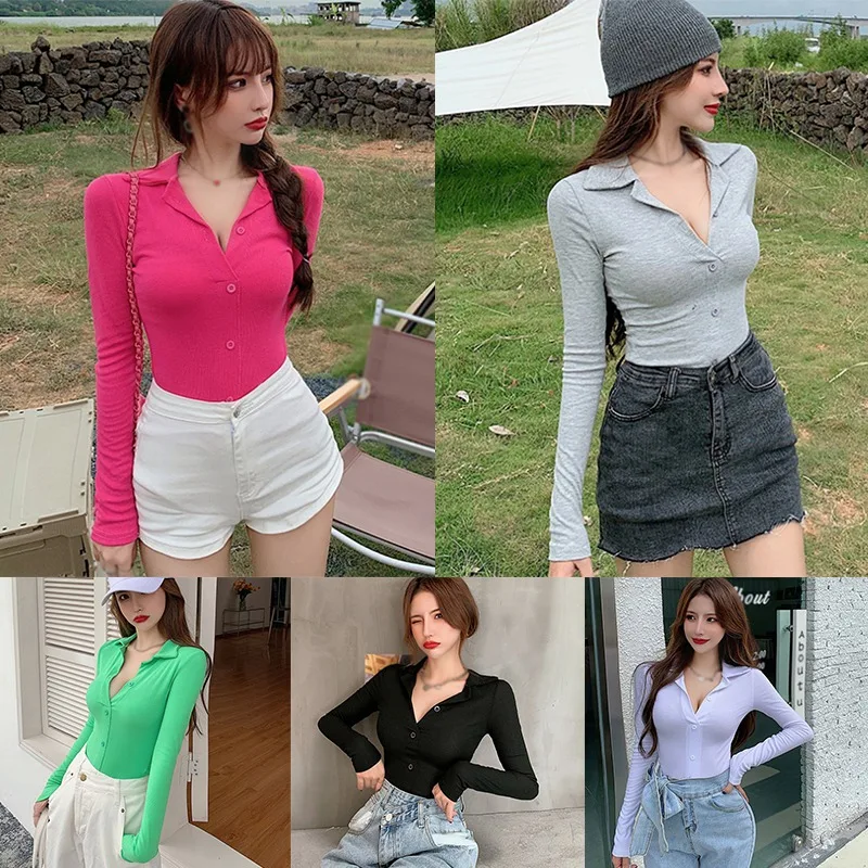 Gen Z & Y2K Style Women's Solid Color Lapel Long Sleeve T-shirt