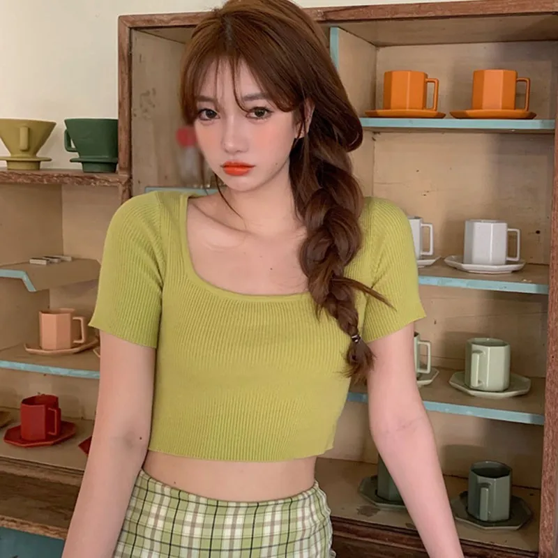 Gen Z & Y2K Style Women's Square Collar Knit Crop Top | K-POP & Korean Fashion Streetwear